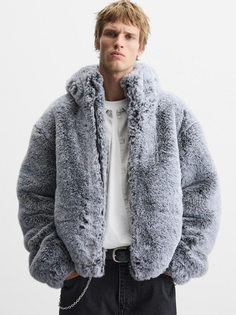 Zara Men's Cropped Faux Fur Hooded Jacket Gray XL